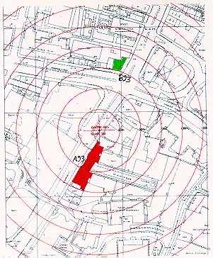 Location plan of the source of detonation and the two buildings; Building A93 marked in red; Building B93 marked in green.